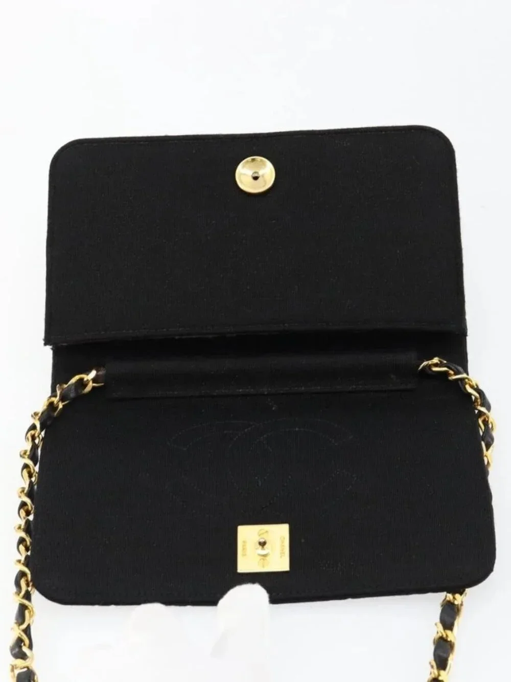 CHANEL Matelasse Chain Shoulder Bag Cotton Black Gold CC Auth 184947